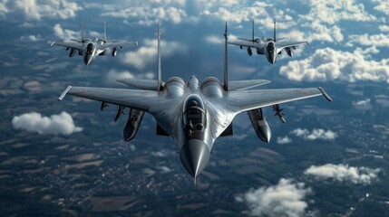 Fighter jet flying in the sky, view from above, The background is an expansive view of clouds over land.