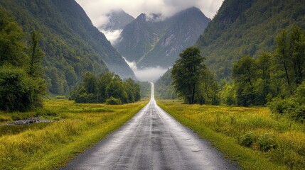 Scenic road disappearing into misty mountain valley.
