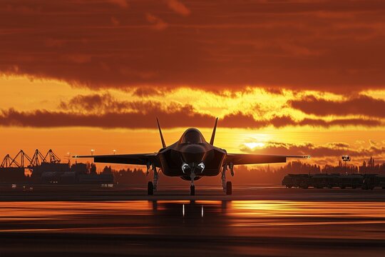 Modern fighter jets stand on the runway of an airfield against the backdrop of sunset. - Powered by Adobe