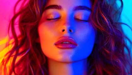 Fototapeta premium Serene portrait of a young woman with closed eyes illuminated by multicolored light.