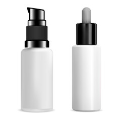 Cosmetic serum dropper airless dispenser bottle vector mockup. Face skin care essence eyedropper flask. Beauty foundation mini dispenser flask, matt glass packaging. Cream or lotion vial