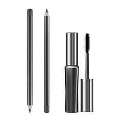 Obraz premium Eyebrow mascara mockup. Makeup cosmetic eyeliner pencil. Beautiful glamour girl cosmetics collection. Face art eyeshadow liner, eyelash drawing. Decorative cosmetic brush