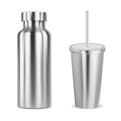 Stainless steel insulated water bottle, travel mug vector template. Reusable metallic thermos for hot or cold beverage. THermo flask with straw for takeaway, glossy cup. Sport drink container