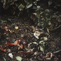 A close-up of a compost pile filled with decaying leaves and food scraps, rendered in high realism, highlighting the environmental benefits of composting and organic recycling