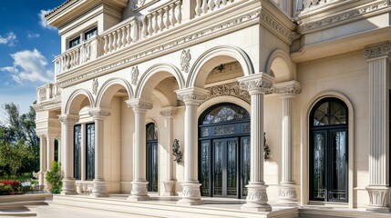 Fototapeta premium Grand mansion's classical facade, columns, arches.