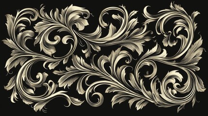 Ornate, swirling, light-colored leaves on dark background.