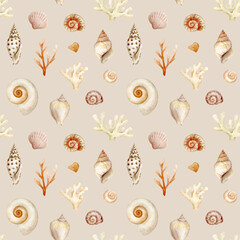 Seashells, corals, starfish - Marine seamless pattern for textile, wrapping and packaging