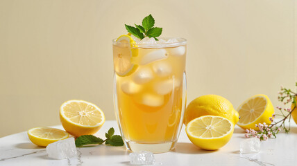 Fototapeta premium Iced lemon tea cocktail with fresh slices