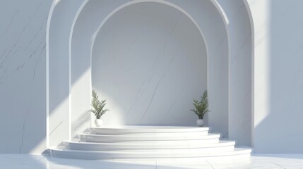 Obraz premium Minimalist white interior featuring an arched alcove with potted plants, showcasing simplicity and elegance in design.
