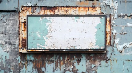 Naklejka premium Weathered Signboard on a Rustic, Teal-Colored Wall