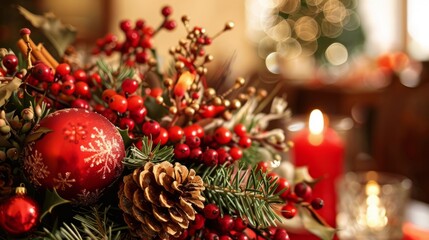 A red and gold Christmas tree with a red ornament on top. The tree is surrounded by red berries and pine cones