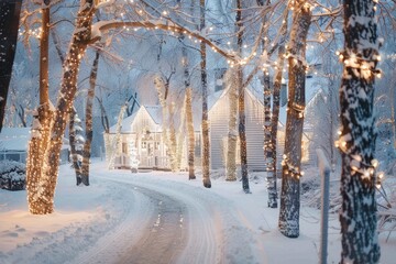 A house is lit up with Christmas lights in the snow. Scene is festive and cozy