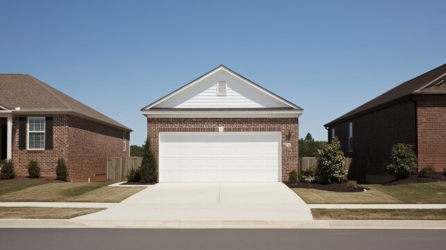 Suburban detached garage with brick exterior, white door, and paved driveway.