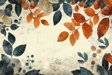Autumn leaves, berries, textured background.