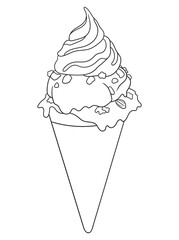 Fun and intricate line art of an ice cream dessert with scoops, cones, and decorations. Excellent for coloring books, art projects, and creative designs.
