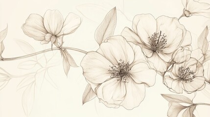 Fototapeta premium Sepia floral sketch, delicate lines, blossoms, branch.
