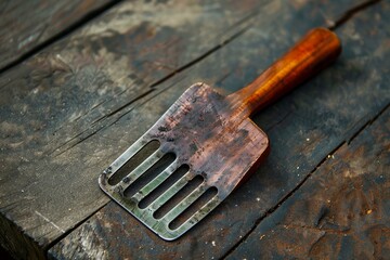 Old wooden spatula with burned oil shows the signs of frequent use