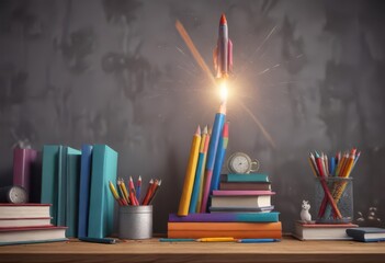 Obraz premium Colorful pencil rocket soaring above books and stationery, flight, design, colorful pencils