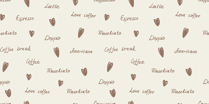 Fototapeta Seamless pattern with inscriptions and hearts on a milky background.