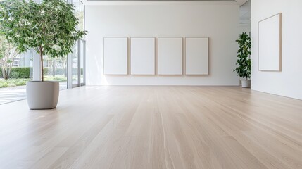 Fototapeta premium Modern gallery interior with empty frames, hardwood floor, and plants.