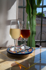 Sherry fino, manzanilla, olorosso wine, jerez fortified wine made from palomino white grape served...