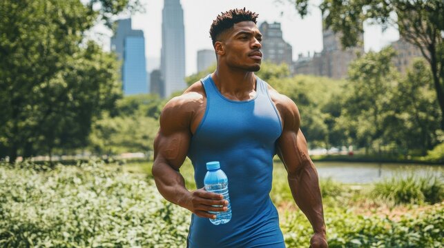 Muscle-bound athlete walking in the park while holding a water bottle on a sunny day in an urban landscape