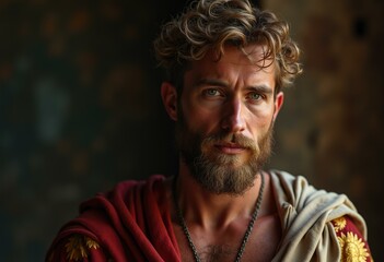 Obraz premium A man with curly hair and a beard, wearing a red and gold robe, looks intently at the camera.