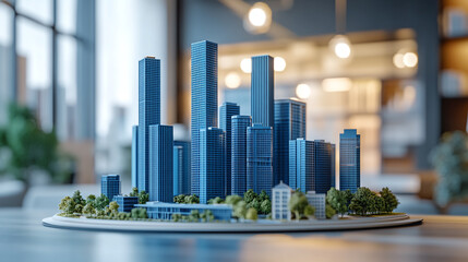 Futuristic blue 3d render model of a city houses or homes on a table in a real estate agency business office. architecture building, residential property design, apartment housing concept.
