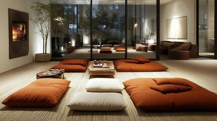 Contemporary lounge design oversized floor pillows create a cozy apartment atmosphere