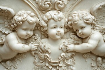 Obraz premium Three cherubic angels, ornate carving, pale stone.