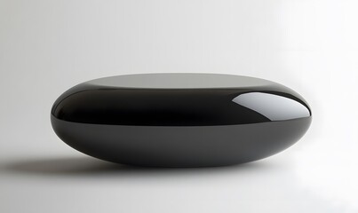 Glossy oval black table, grey top, isolated.