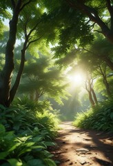 Fototapeta premium Lush green canopy, dappled sunlight filtering through leaves, closeup, plant, organic