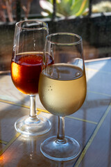 Sherry fino, manzanilla, olorosso wine, jerez fortified wine made from palomino white grape served in Jerez de la Frontera, Cadiz, Andalusia, Spain