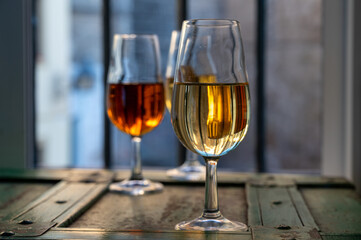 Sherry wine tasting, fino, olorosso, amontillado, cream jerez sherry fortified wine made from palomino white grape in bogedas in Jerez de la Frontera, Cadiz, Andalusia, Spain