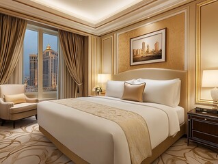 Fototapeta premium Elegant hotel suite with topaz pillows luxurious ambiance city view contemporary design relaxing environment