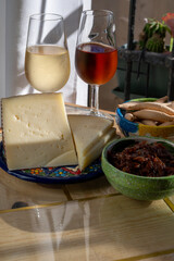 Cheese collection, Spanish matured cheese and onion chutney close up, Andalusian style, Jerez de la Frontera, Spain, sherry wine tasting