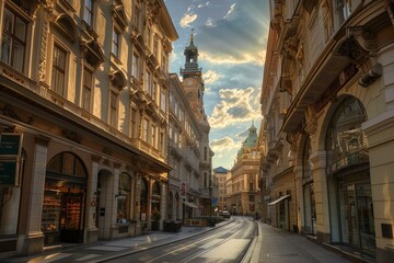 Fototapeta premium Empty street in the old town of vienna, austria during sunset with a tram track leading to st. Peter's church tower