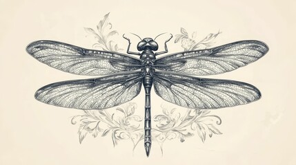 Detailed dragonfly drawing, ornate floral frame.