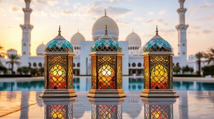 Obraz premium Three ornate lanterns glow at sunset before a grand mosque.