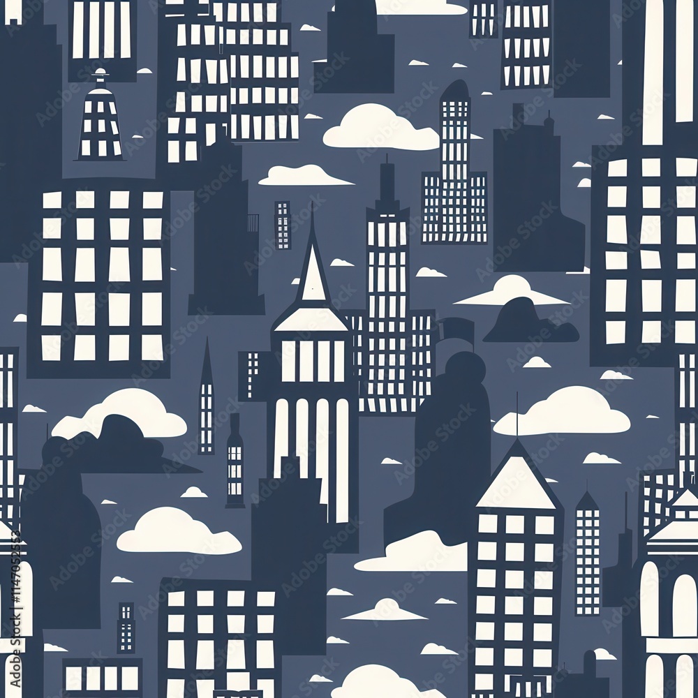 Poster urban skyline pattern with various buildings and clouds in a dark color scheme. generative ai