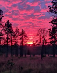 Serene landscape with a big sun against a bright pink sky and silhouettes of trees.