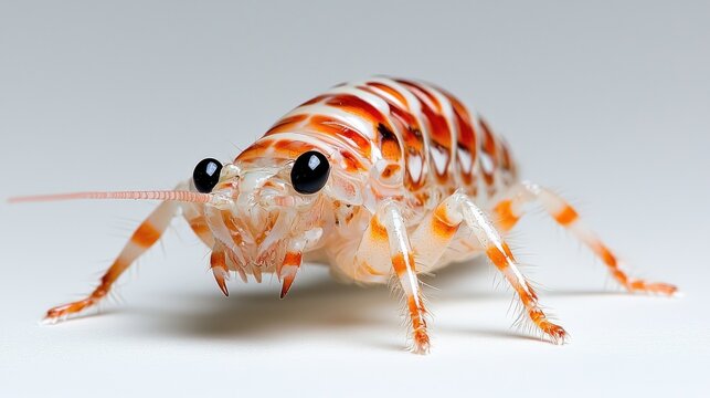 Close-up of a vibrant orange and white amphipod crustacean, showcasing its detailed segmented body, large eyes, and delicate antennae against a neutral background.