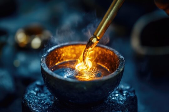 Jewelers manufacture. Melting silver in a small crucible for making jewelery