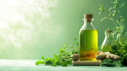Herbal Remedy Elixir:  A tranquil scene of natural remedies, featuring two glass bottles of vibrant green herbal oil, surrounded by fresh mint, ginger, and honey.