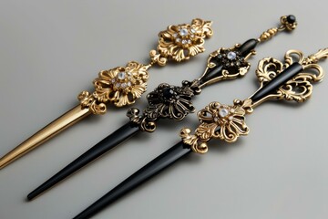 Three ornate gold and black hairpins are lying on a gray surface, decorated with black and white gemstones