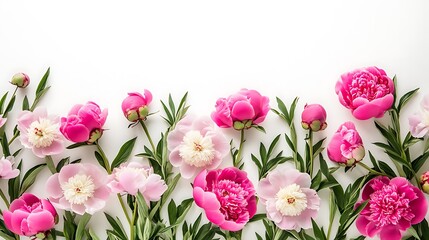 Flat lay of pink peony flowers, white background, top view, spring floral border, space for text.