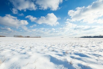 Expansive snowy field with a bright blue sky and scattered clouds, capturing the tranquility of a winter day in the countryside.