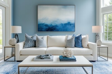 Fototapeta premium Elegant Living Room With Blue Tones and Modern Decoration