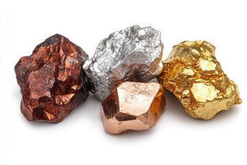 Native gold  silver  and copper nuggets on white background.