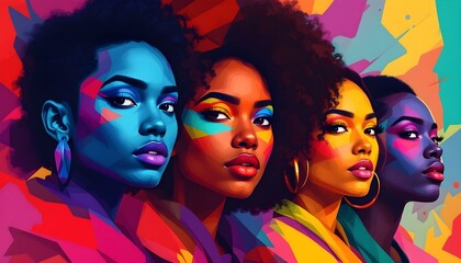 Obraz premium Dynamic Multicolored Silhouettes in Abstract Art- Diversity Theme, Empowered Black Women Portraits: Vibrant Pop Art Collection